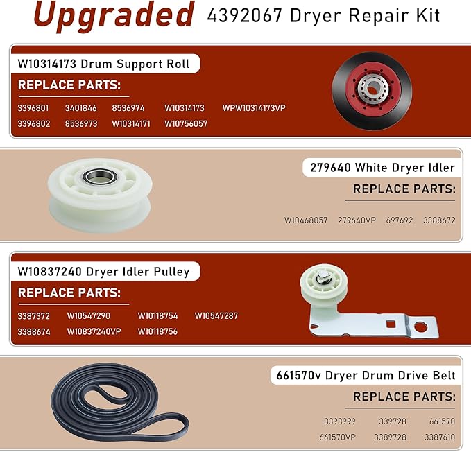 [Upgraded 5-Wheel] 4392067 Dryer Repair Kit & W10837240 Dryer Idler Pulley Kit - for Whirlpool Cabrio Duet, Kenmore,May.g Bravos XL Dryers - with WPW10314173 Drum Roller,Dryer Belt,Idler Pulley