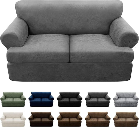 3-Pieces T Cushion Loveseat Slipcovers Leather Look Couch Cover Loveseat Covers for 2 Cushion Couch Furniture Protector Stretch Sofa Cover with 2 Individual T Cushion Seat Covers, Grey