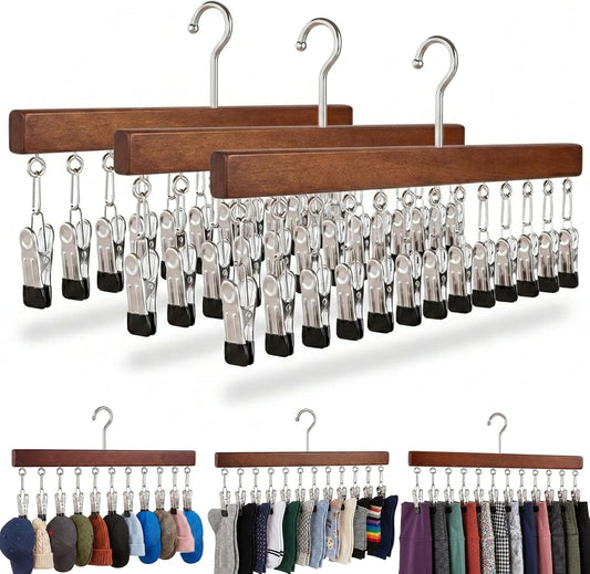 3 Pack Pants Hangers with Clips, Wooden Legging Hangers - Image 1