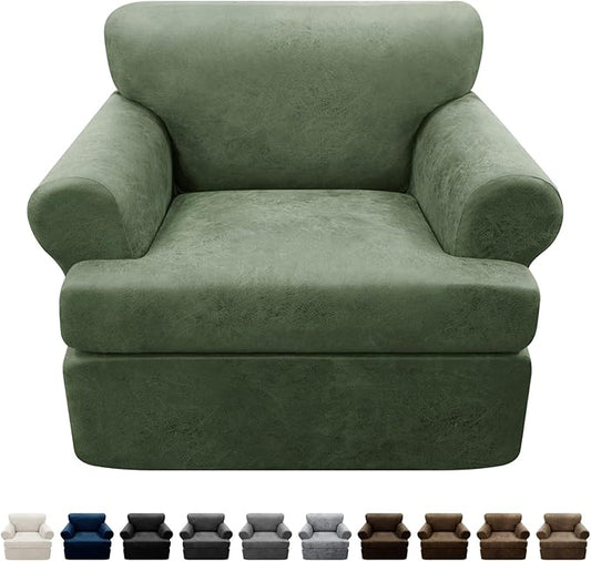 2-Pieces T Cushion Armchair Slipcovers Leather Look Couch Cover Chair Covers Stretch Furniture Protector Sofa Cover with 1 Individual T Cushion Seat Cover Slipcover Sets Washable, Army Green