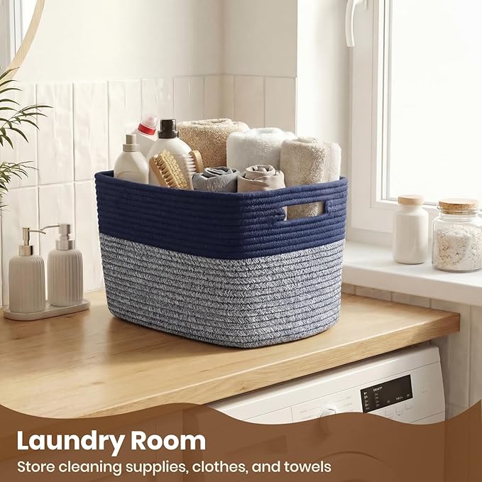 Storage Baskets for Organizing, 14 x 10 x 9” Closet Shelf Woven Baskets, Square Bins with Handles, Cotton Rope Basket for Toys, Clothes, Office, Room, Grey+Blue 1 Pack