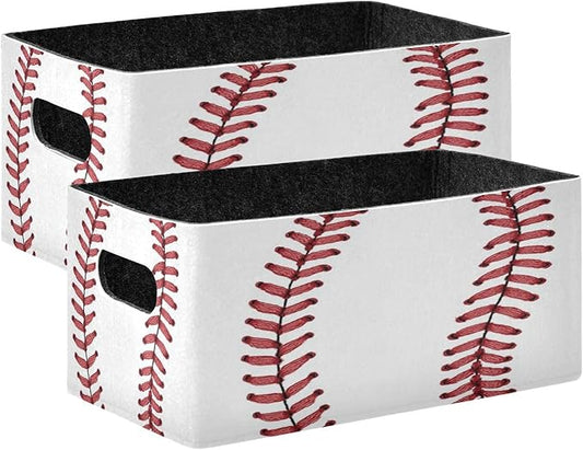 Kcldeci Red Stitching Baseball Storage Bins Baskets for Organizing 2Pack, Sport Ball White Sturdy Storage Basket Foldable Storage Baskets for Shelves Closet Nursery Toy