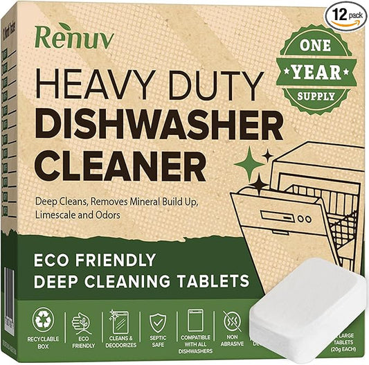 Renuv® Heavy Duty Dishwasher Cleaner & Deodorizer Tablets, Descaler, Deep Cleaning, Natural Odor & Smell Remover, Calcium, Limescale, Hard Water Marks, Grease, Septic Safe Pods (12 Tabs 1 Yr Supply)
