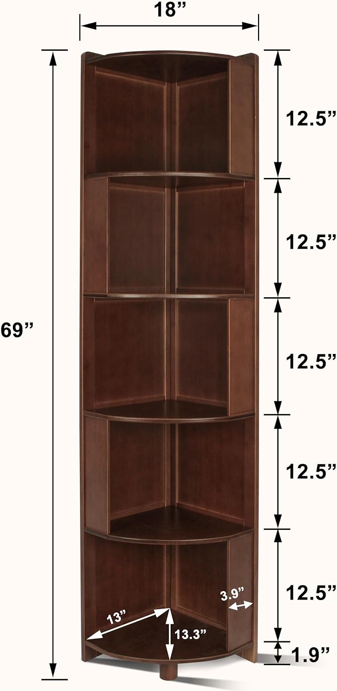 DOUSY-5 Tier Bamboo Corner Shelf, Mid Century Modern Corner Bookshelf, 69" Tall Stylish Bookcase Display Rack Plant Stand for Living Room, Bedroom, Home Office, Kitchen, Walnut
