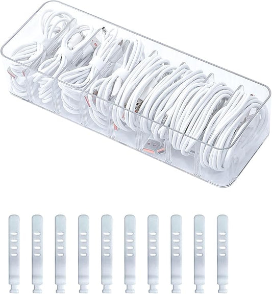 Clear Cable Cord Organizer Box, Adjustable Desk Drawer Storage Case for Home Office Supplies, Battery and Cell Phone Charger, Plastic Art Crafts Container