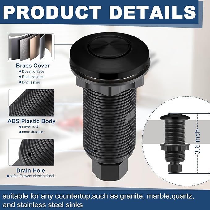 Garbage Disposal Air Switch Kit Wireless Sink Top Garbage Disposal Button Stainless Steel/On/Off Waterproof Button Kit with Long Switch Matte UL Listed(Single Outlet,Black,Short Size)