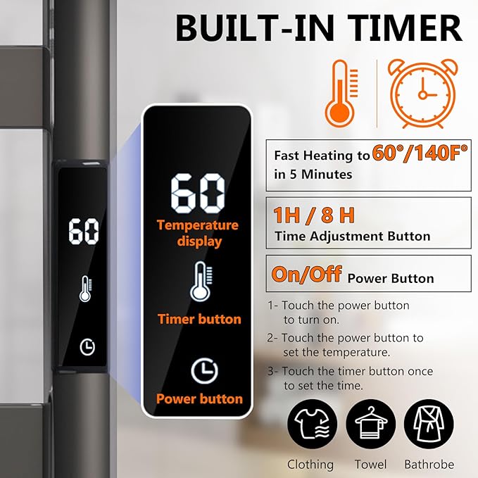 Heated Towel Rack for Bathroom, Towel Warmer Rack, Wall Mounted Wired Heated Towel Rack, with Timer and Temperature Adjustment, Overheat Protection Function, Aluminum Alloy