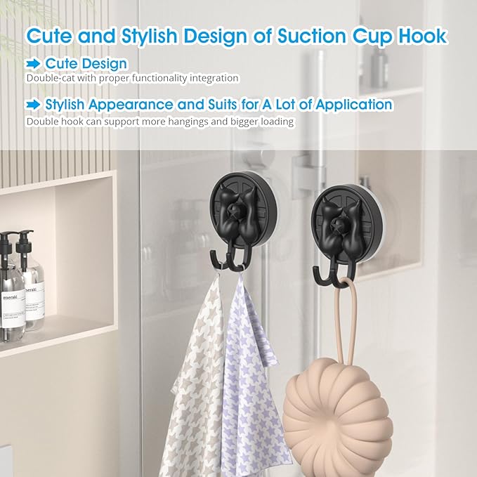 AST Cute Double-Cat Suction Cup Hook, 2 Pack, Heavy Duty Hooks, Upgraded Reliable Force of Both Adhesion and Vacuum, Wall Holders for Loofah, Towel, Coat and Bath Robe, Waterproof Hanger, Matte Black