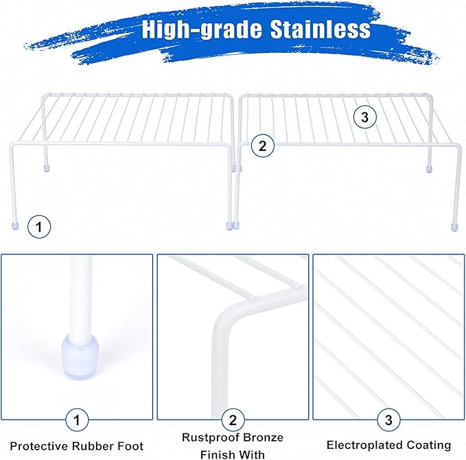 Set of 6 - Kitchen Storage Shelf Rack (13.1 x 10.2 Inch)/Plastic Feet - Medium - Steel Metal - Rust Resistant Finish - Cups, Dishes, Cabinet & Pantry Organization - Kitchen (White)