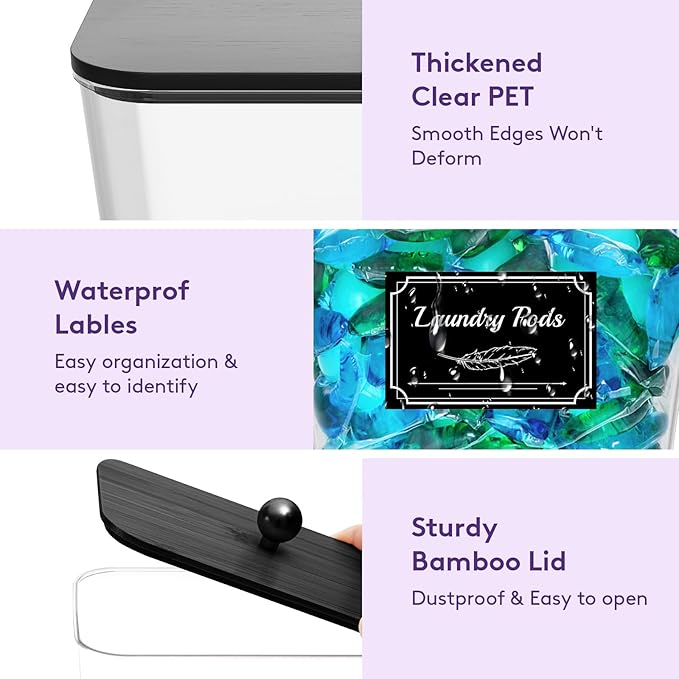 Lifewit Laundry Pods Container with Lid, Dryer Sheet Holder, Room Organization Storage for Coffee Pods Kcup Washing Powder, Scent Booster Beads, 2600 ml/0.7gal，Black,1 Pcs