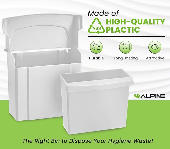 Alpine Sanitary Napkin Receptacle - Feminine Hygiene Disposal Container, Wall Mounted Trash Can with Odor Control Seal & Installation Hardware (White)
