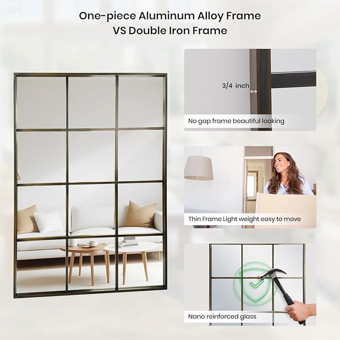 Windowpane Wall Mirror 30"x40" Bronze Wall Mounted Art Pane Mirror Farmhouse Decorative Mirror Leaning Hanging Wall Mirror for Bedroom Living Room Entrance Hallway Wall Decor