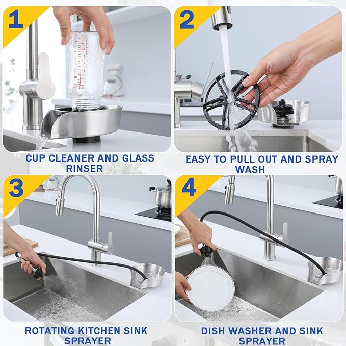 Glass Rinser and Cup Washer for Sink, 360° Rotating Spray Nozzle with Pull-Out Design, Bottle Cleaner - Tilted Base Prevents Splashing, Kitchen Sink Accessories for Home & Bar (Easy Install-Silver)