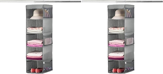 ZOBER Hanging Closet Organizer, 5-Shelf - Hanging Storage Organizer Shelves for Clothes, Towels, Toys - College Dorm Room, Nursery, & Home Closet (Pack of 2)
