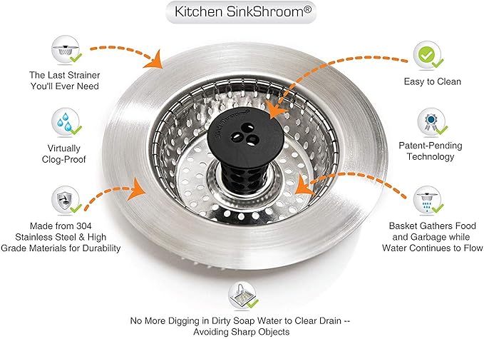 Kitchen SinkShroom Revolutionary Clog-Free Stainless Steel Sink Strainer, Black, 6-Pack