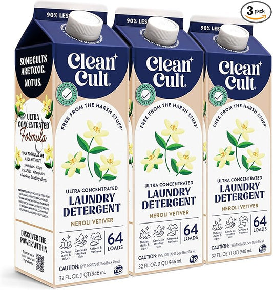 Cleancult Ultra Concentrated Liquid Laundry Detergent, 192 loads (96 oz), Long Lasting Scent, 90% Less Plastic, No Harsh Chemicals, Neroli Vetiver, Defeats Stains & Odors, HE/Standard Compatible