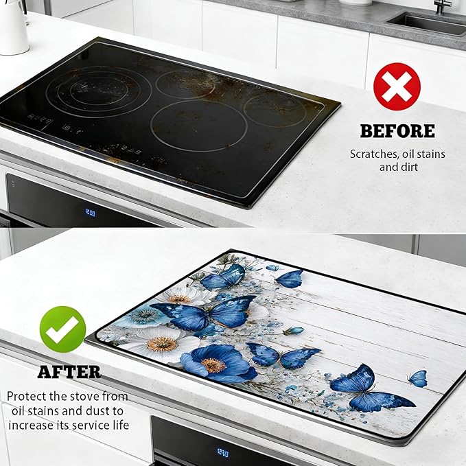 Glass Stove Top Covers for Electric Stove, Heat Resistant Counter Protector Mat, Non Slip Waterproof Surface Cover for Kitchen Counter and Cooktop (Blue Butterfly, 28"L x 20"W)