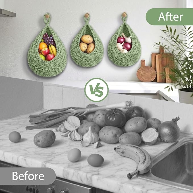 Halidali Hanging Fruit Baskets for Kitchen, 3 Pack Boho Cotton Rope Handwoven Vegetable Storage Wall Mounted Large Organizing Basket for Farmhouse Decor, Onion, Potato, Garlic and Plants (Green)