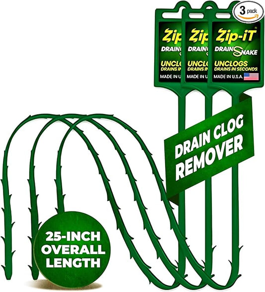 The original Zip-It Hair Clog Remover 25-inch Overall Length Drain Snake Cleaner (3-Pack), Unclog Your Sink, Shower, & Tub Drain In Seconds – Non-toxic, Made in the USA