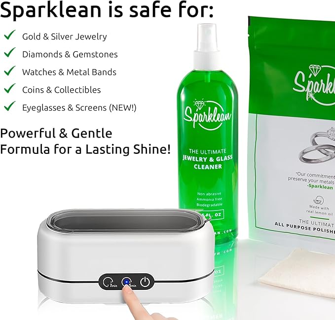 SPARKLEAN Jewelry & Glass Cleaner Spray (32 Oz) - Biodegradable, Ammonia-Free Solution for Gold, Silver & Diamond Rings - Safe for Ultrasonic Machines - Eco-Friendly - Bulk Size
