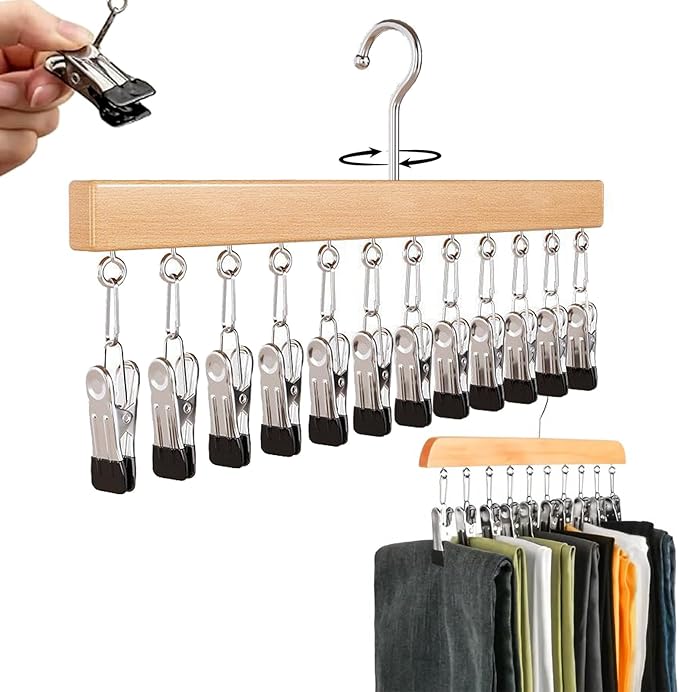 Closet Organizer with 10 Clips - Space Saving Hanging Closet Organizer, 2026 Upgraded Legging Hangers for Closet, 360° Rotating Metal Clips with Silicone Lining for Clothes (New-Wood, 1PC)