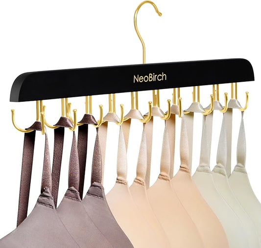 Bra Hanger for Closet Organizers and Storage | Space Saving Wooden Hanger | 20 Steel Hooks for Tank Tops, Camis, Hats, Lingeries, Belts, Ties, Scarfs Holder| 360° Rotating Non-Slip (1, Black)