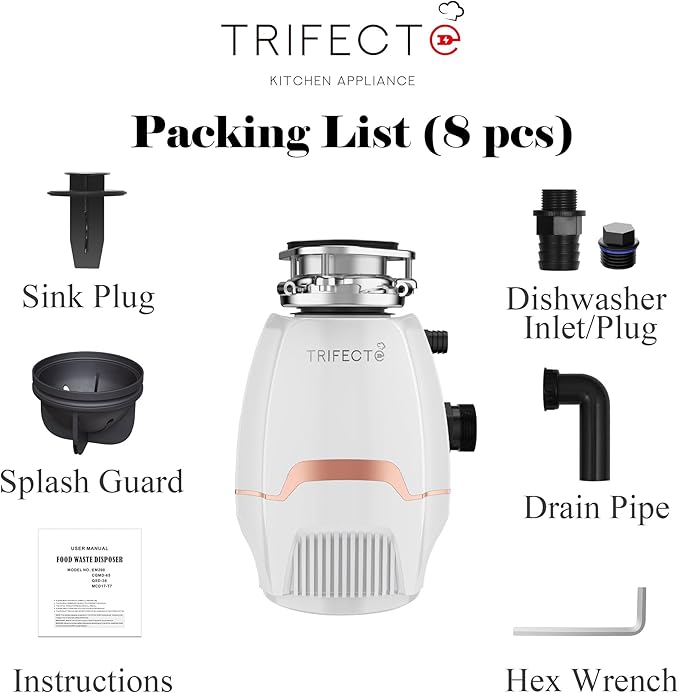 Trifecte Pro 3/4 HP Garbage Disposals with Sound Reduction,Food Waste Coutinuous Feed Garbage Disposal with Power Cord, Dishwasher Hook Up,3800RPM,White