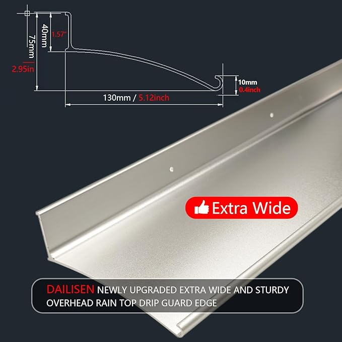Heavy-Duty 5.12" W 55.1" L Door Rain Drip Guard Overhead,Aluminum Drip Cap for Exterior Doors Window Top,Rain Drip Edge Flashing,Water Deflector,Rain Diverter,Anodized Silver 1PCS