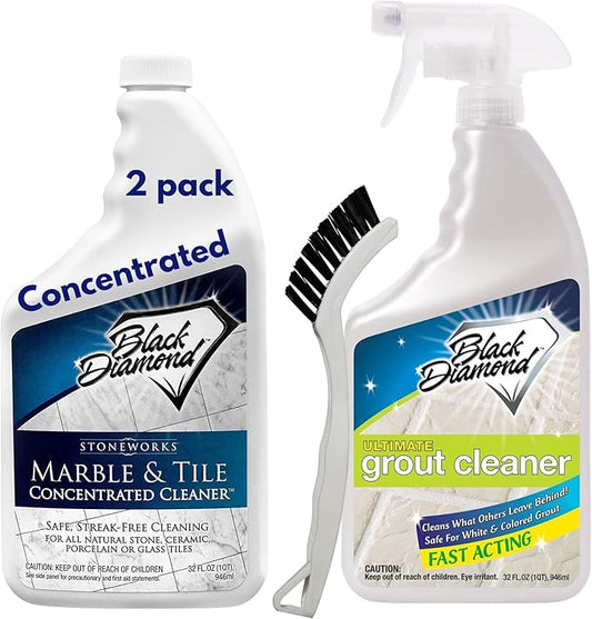 Black Diamond Stoneworks Ultimate Grout Cleaner with Brush + Marble & Tile Cleaner (2-Pack) – Safe for Natural Stone, Acid Free Deep Cleans Grout, Restores Shine to Marble, Granite, Travertine & Tile