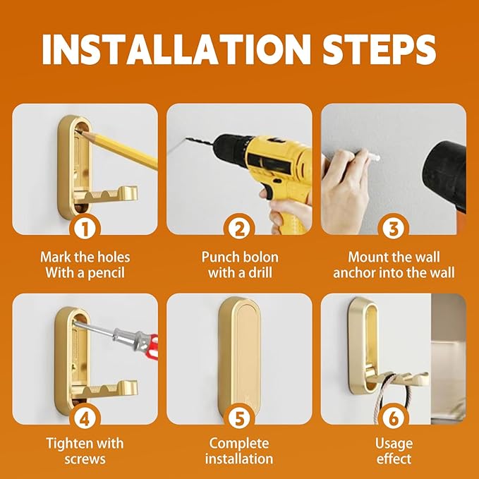 Foldable Hooks Wall Mount, Folding Coat Hooks Wall Mounted - Retractable Space Saving Organizer for Bathroom, Kitchen, Bedroom & Closet - Holds Scarf, Hat, Robe, Key, Purse, Bag (4, Gold)
