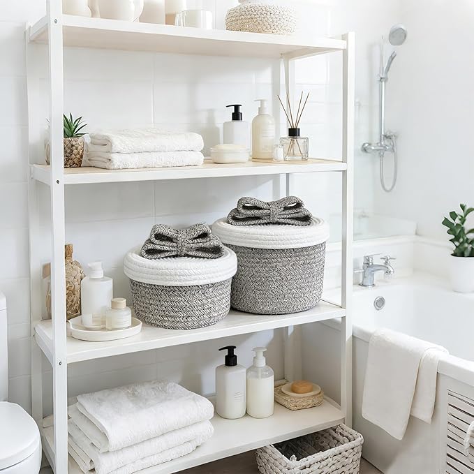 Small Decorative Baskets with Lids, Woven Rope Storage Basket with Lid for Home Decor; Small Boho Storage Basket, Bin and Box for Living Room, Bathroom, Bedroom or Shelf (grayish-brown)