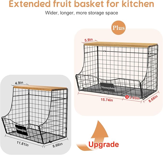 3 Pack Extra Large Fruit Basket for Kitchen with Wood Lid Nameplate - Counter&Wall Mounted Onion and Potato Storage Bin, Stackable Metal Hanging Wire Baskets,15.35 * 8.66 * 10.63 inch