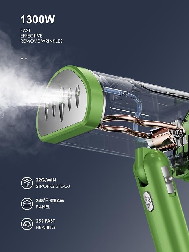 Reemix Portable Garment Steamer, Powerful Foldable Handhled Steamer 1300W, Travel Size Steamer For Clothes 20S Fast Heat-up, Fabric Steamer for Home & Travel, 120V Only (Green)