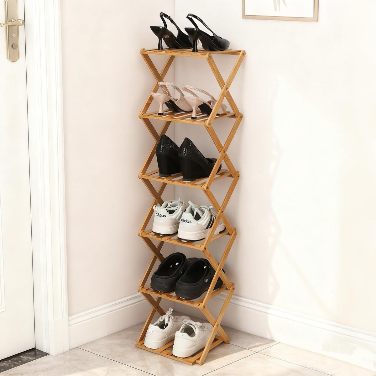 Bamboo Shoe Rack 6 Tier Foldable Shoe Rack for Entryway - Image 1