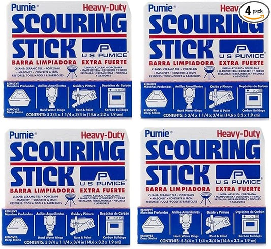 PUMIE Pumice Scouring Stick for Cleaning Toilet Bowl Rings & Hard Water Stains, Bathroom, Pools & Tubs, Pumice Stone for Toilet Cleaning, Rust, Grills, Food Build Ups, Pack of 4, includes Scouring Pad