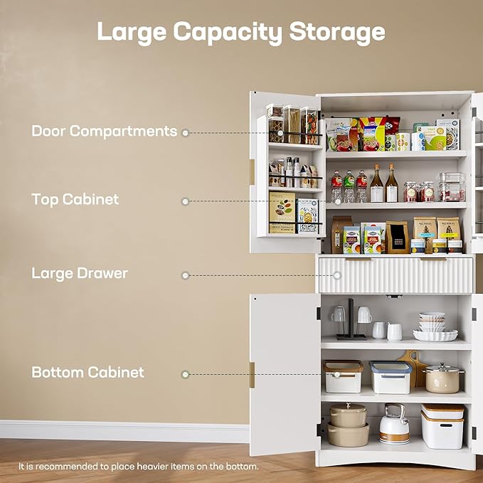 Marsail 72" Tall Kitchen Pantry Cabinet, Spacious Storage Cabinet with a Drawer, 4 Adjustable Shelves, 6 Door Shelves, Anti-Tip Safety, Fluted Cabinet for Kitchen, Dining, and Living Room, Light White