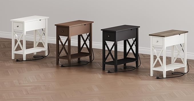ChooChoo End Table with Charging Station, Narrow Side Table with USB Ports and Outlets, Nightstand with Drawer, for Small Spaces, Bedside Tables for Living Room, White