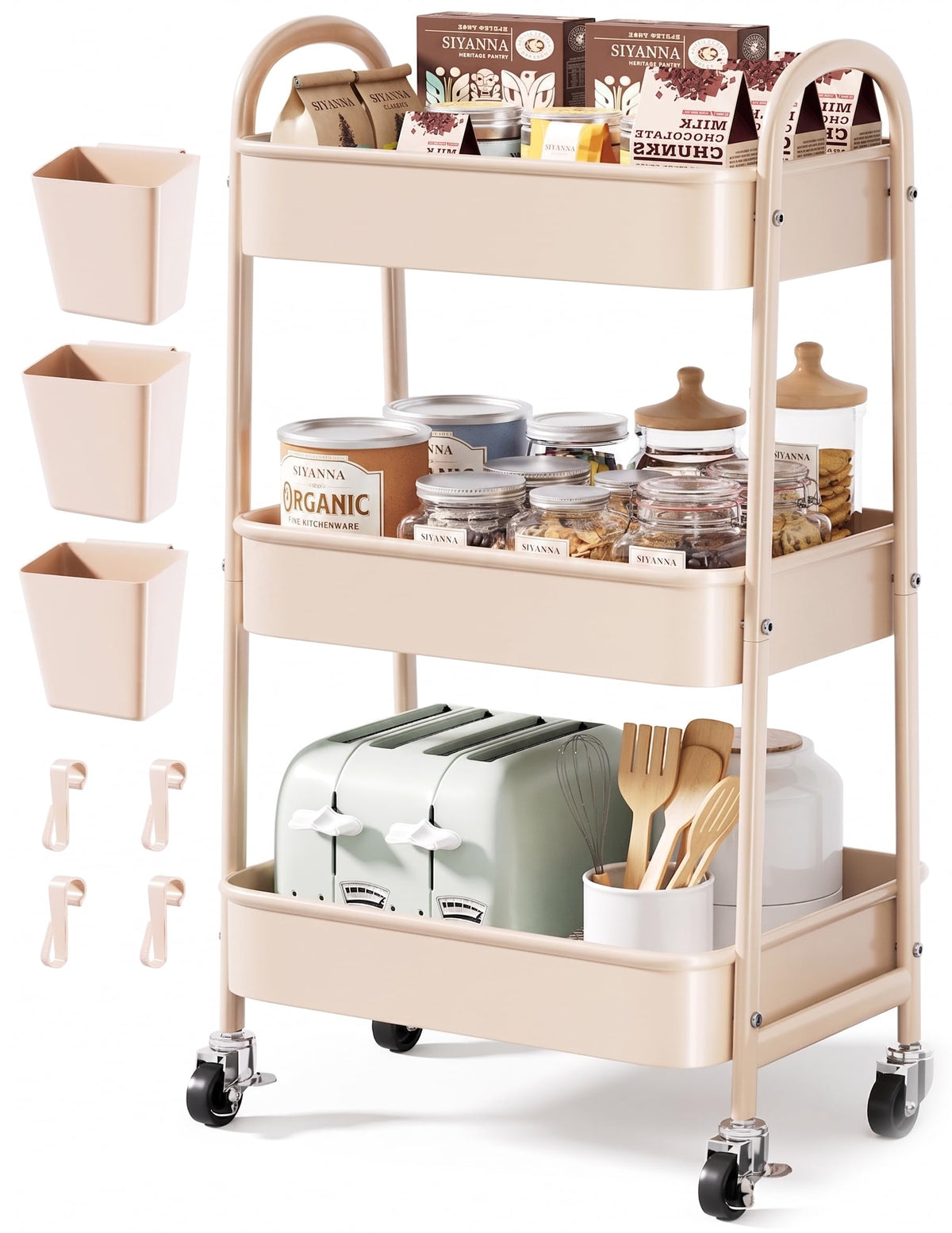 Beige 3 Tier Rolling Cart Metal with Wheels,Tan Thre | All Products - Image 1