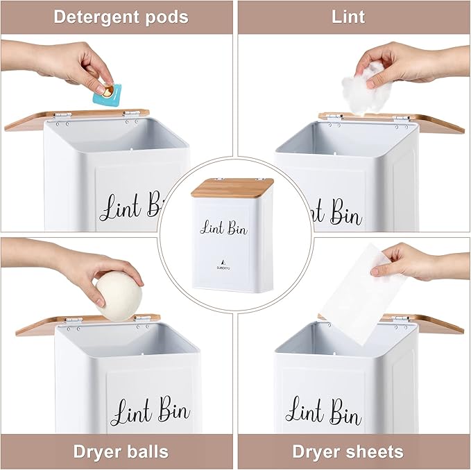 SUBEKYU Magnetic Lint Bin for Laundry Room, Wall Mounted Metal Lint Box Holder with Lid for Dryer,Laundry Room Organization and Storage,Bamboo Lid Lint Basket,White
