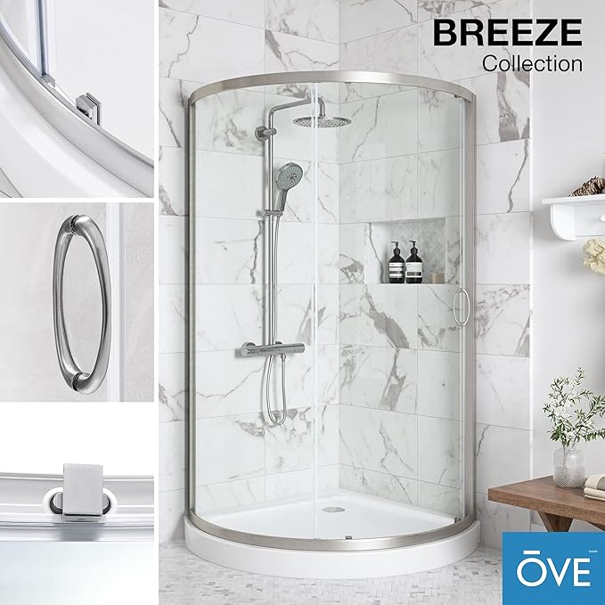 OVE Decors Breeze 36 in. Corner Shower Clear Sliding Door with Base in Satin Nickel Finish