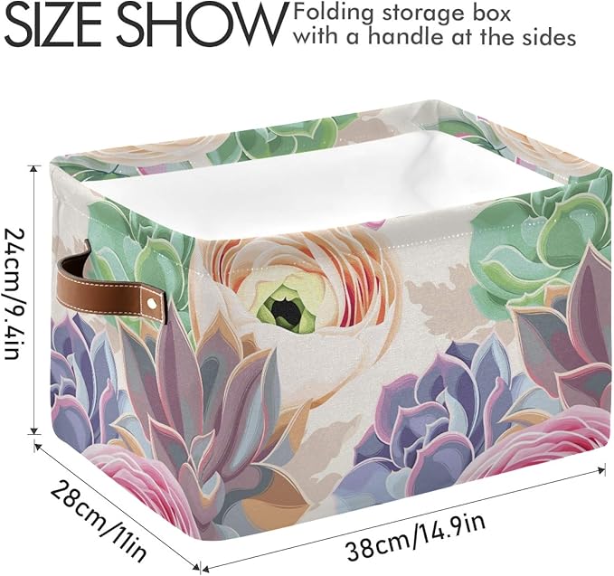 susiyo Large Foldable Storage Bin Succulent Flowers Cactus Fabric Storage Baskets Collapsible Decorative Baskets Organizing Basket Bin with PU Handles for Shelves Home Closet Bedroom Living Room-2Pack