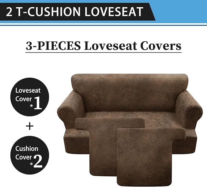 3-Pieces T Cushion Loveseat Slipcovers Leather Look Couch Cover Loveseat Covers for 2 Cushion Couch Furniture Protector Stretch Sofa Cover with 2 Individual T Cushion Seat Covers, Light Brown