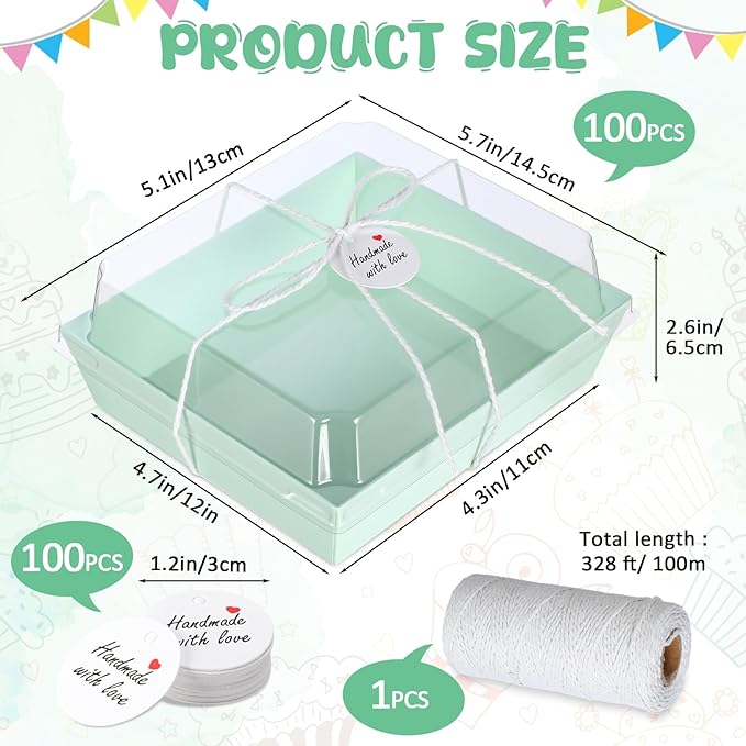 Outus 100 Pack Charcuterie Boxes with Clear Lids, 5.7 x 5.1 '', Mother 's Day Back to School Paper Food Containers Cake Take out Bakery Boxes with Gift Tags Rope for Desserts(Sage Green,Classic)