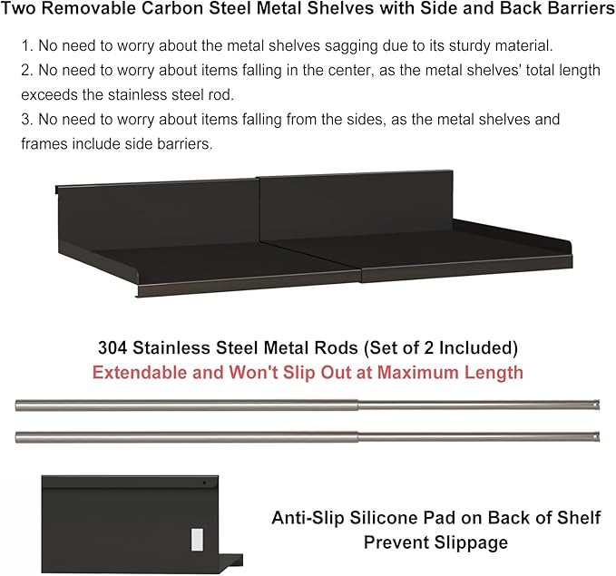Expandable Under Cabinet Shelf Organizer with 1.25 Inches Thick Clips, Heavy Duty Extendable Under Shelf Storage Basket for Pantry or Laundry Room, Black, 2 Pack, Interior: 5.7" H x 8.54" D