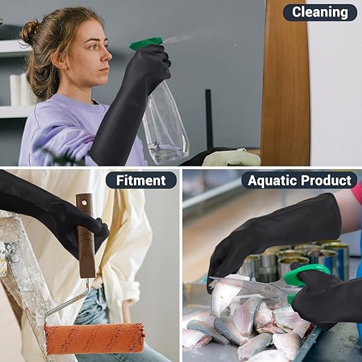 Thick Chemical Resistant Gloves, 3 Pairs 18" Long Anti Slip Diamond Grip Black Waterproof Alkali/Acid/Oil Resistant Reusable Heavy Duty Rubber Gloves for Cleaning, Dishwashing, Gardening