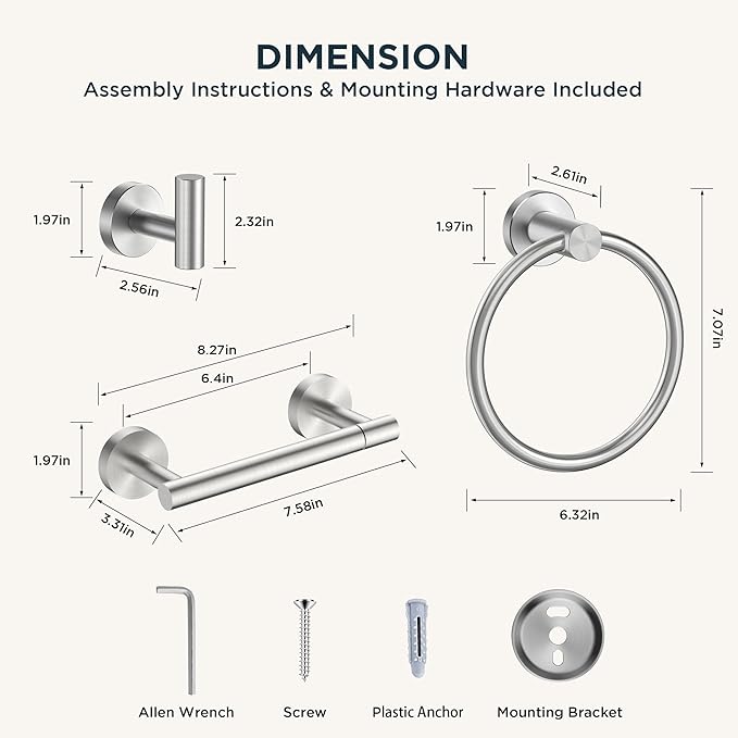 FORIOUS 4 Piece Bathroom Accessories, SUS304 Stainless Steel Toilet Paper Holder, Towel Ring and 2 Towel Hooks, Wall Mounted Bathroom Hardware Set (Brushed Nickel,Double Post Pivoting)