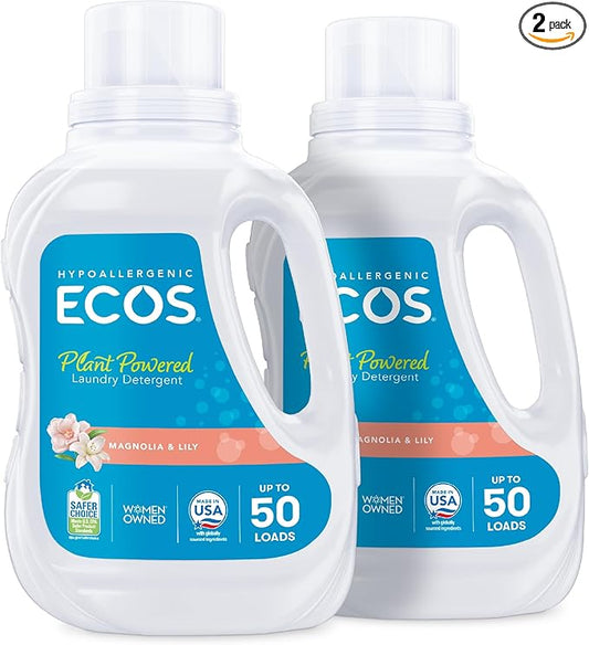 ECOS Laundry Detergent Liquid, 100 Loads - Dermatologist Tested Laundry Soap - Hypoallergenic, EPA Safer Choice Certified, Plant-Powered - Magnolia Lily, 50 Fl Oz (Pack of 2)