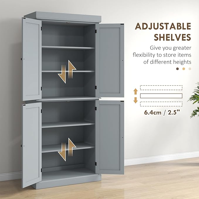 HOMCOM 72.5" Freestanding Kitchen Pantry Cabinet, Tall Storage Cabinet with 4 Doors and 2 Adjustable Shelves for Dining Room, Gray