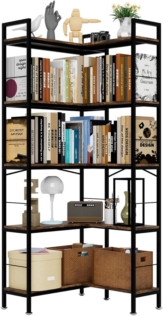 Corner Bookshelf, 69" Tall L-Shaped Bookcase for Home Office, Living Room, Bedroom - Space-Saving Storage Shelf with Metal Frame, Modern Wood & Industrial Design