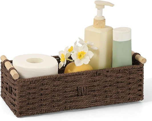 Toilet Paper Wicker Basket, Paper Rope Storage Basket with Wooden Handle, Wicker Baskets for Organizing, Decorative Storage Wicker Bins for Countertop, Small Basket Fits with Any Decor